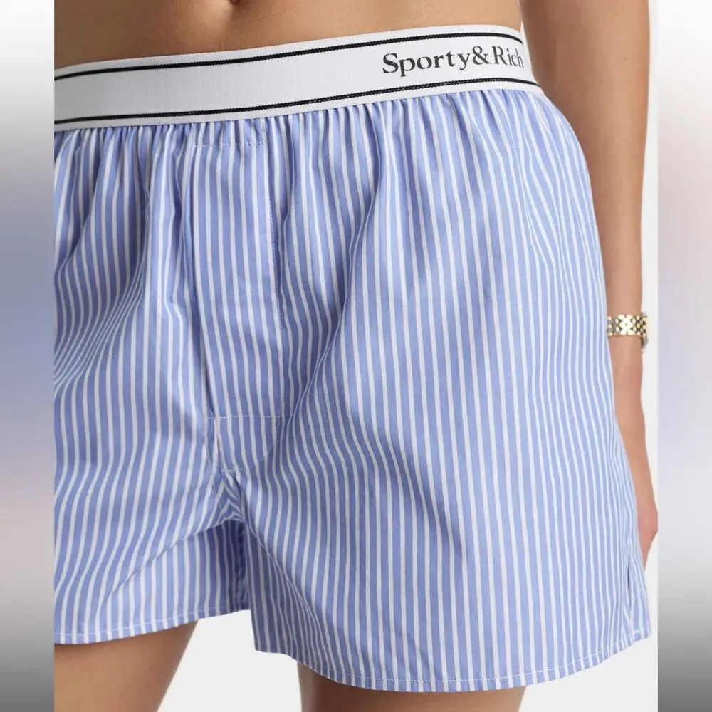 Sporty & Rich Serif Logo Boxer Shorts Light Blue Striped